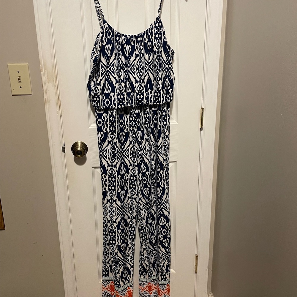 Blue and White Geometric Jumpsuit with Elastic Waist
